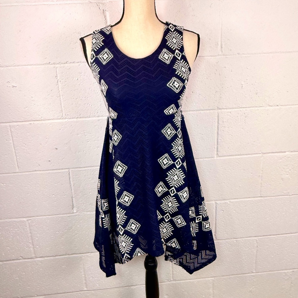 Knitworks Girls' Navy Blue & White Embroidered Handkerchief Hemline Dress